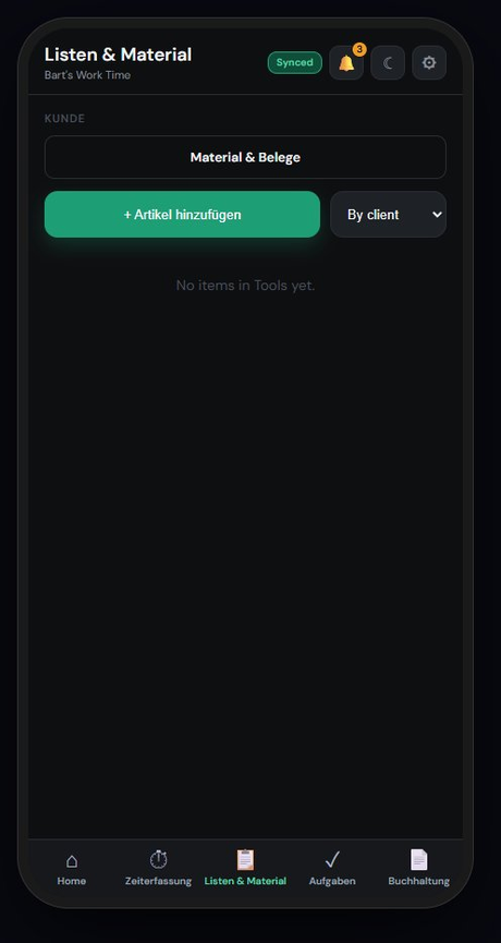 BWT materials and receipts screen